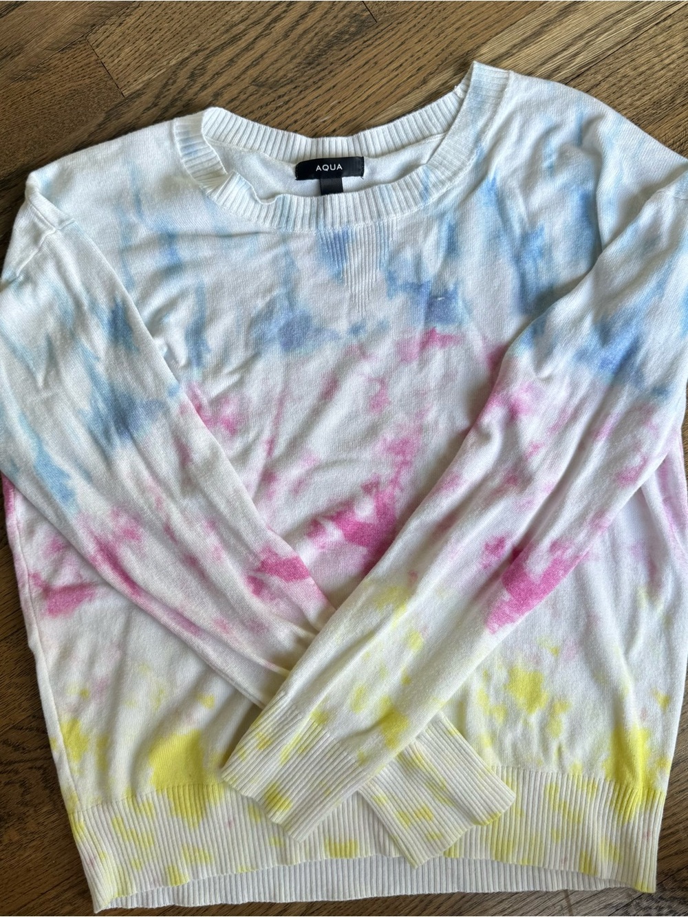 Aqua Tie-Dye Crewneck Sweater in White with Pink, Blue & Yellow Accents